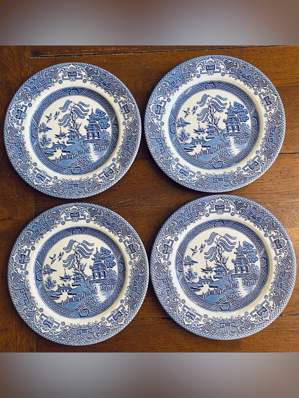4 Blue Willow China Two Birds English Ironstone EIT Dinner Plates 10” England
